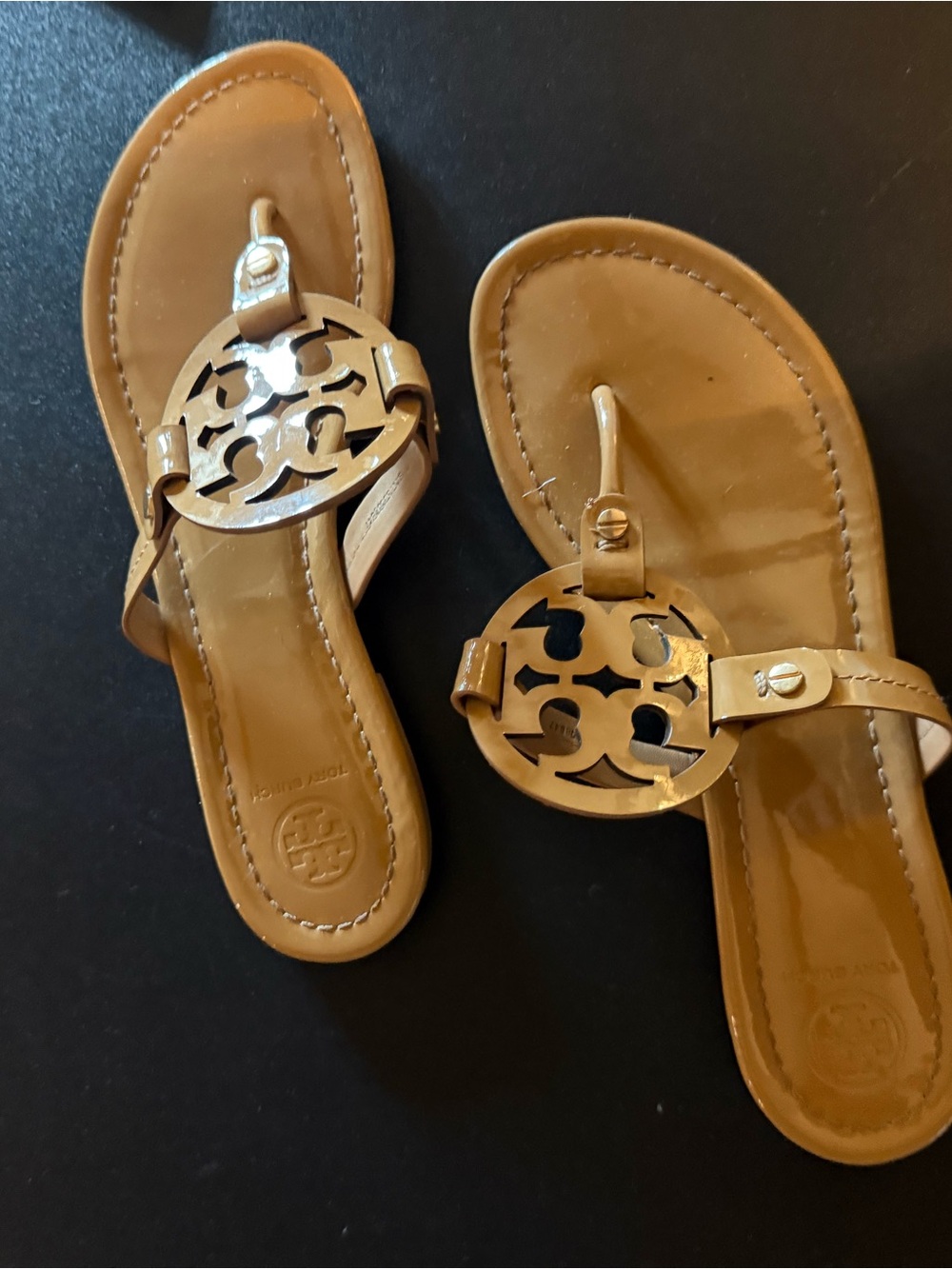 Tory Burch Tan Leather Logo Thong Sandals